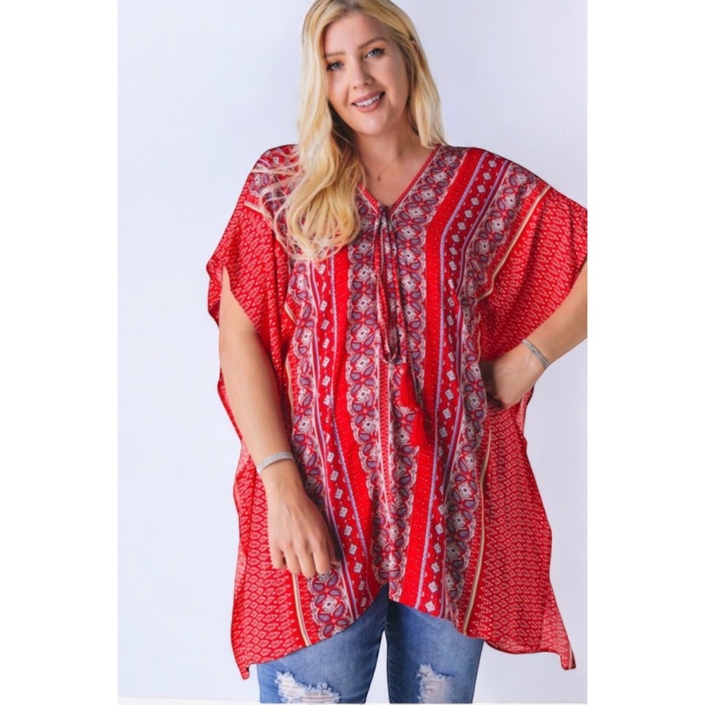 DAVI & DANI Red Boho Print V Neck Short Sleeve Tunic Top - Picture 6 of 6